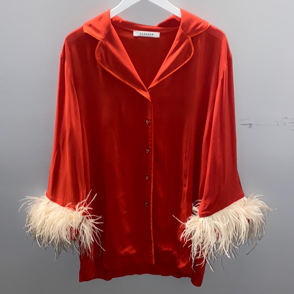 Sleeper Red Satin Button-Up Top with Feather Cuffs